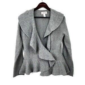 FWM Fennwright Manson Gray Wool Sweater Cardigan Peplum Wrap Womens Sz M 1101R4